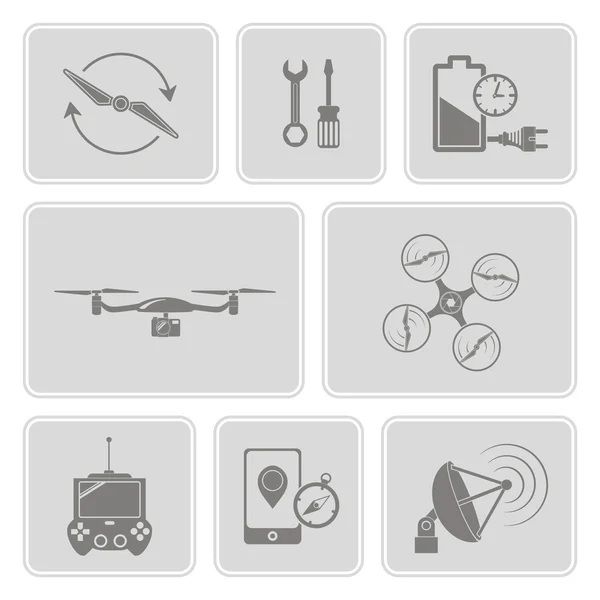 Conjunto monocromo con iconos de drones — Vector de stock