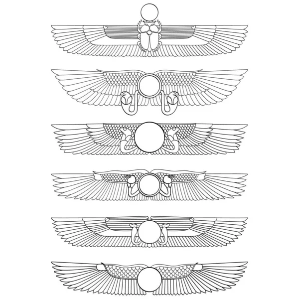 あなたのプロジェクトのための古代エジプトのシンボル翼のある太陽とベクトルモノクロアイコンセット — ストックベクタ