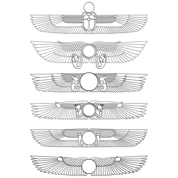 Wektor Monochromatyczny Zestaw Ikon Starożytnym Symbolem Egipskim Skrzydlate Słońce Dla — Wektor stockowy