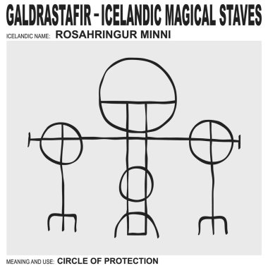  Antik İzlanda büyüsüne sahip vektör ikonu Rosahringur Minni 'yi asalar. Sembol daha küçük bir koruma çemberi gibi kullanılır.