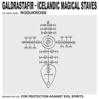  Antik İzlanda büyüsüne sahip vektör ikonu Rodukross 'u asalar. Sembol kötü ruhlara karşı korunmak için kullanılır.