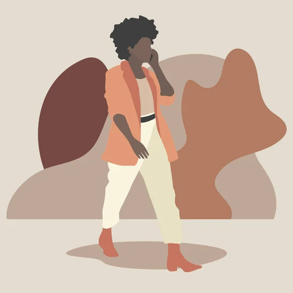 Стоковий Вектор Афроамериканська Жінка Йде Вулиці Розмовляє Телефону Зроблено Плоскому — стоковий вектор