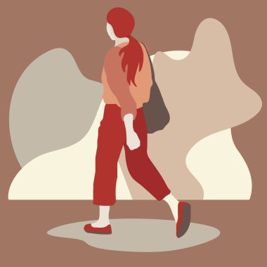 Arkadan, soyut geometrik şekillerin arka planında düz bir tasarım yapılmış alışveriş çantasıyla yürüyen bir kadının stok vektör görüntüsü. Projeniz için kalite kalıbı