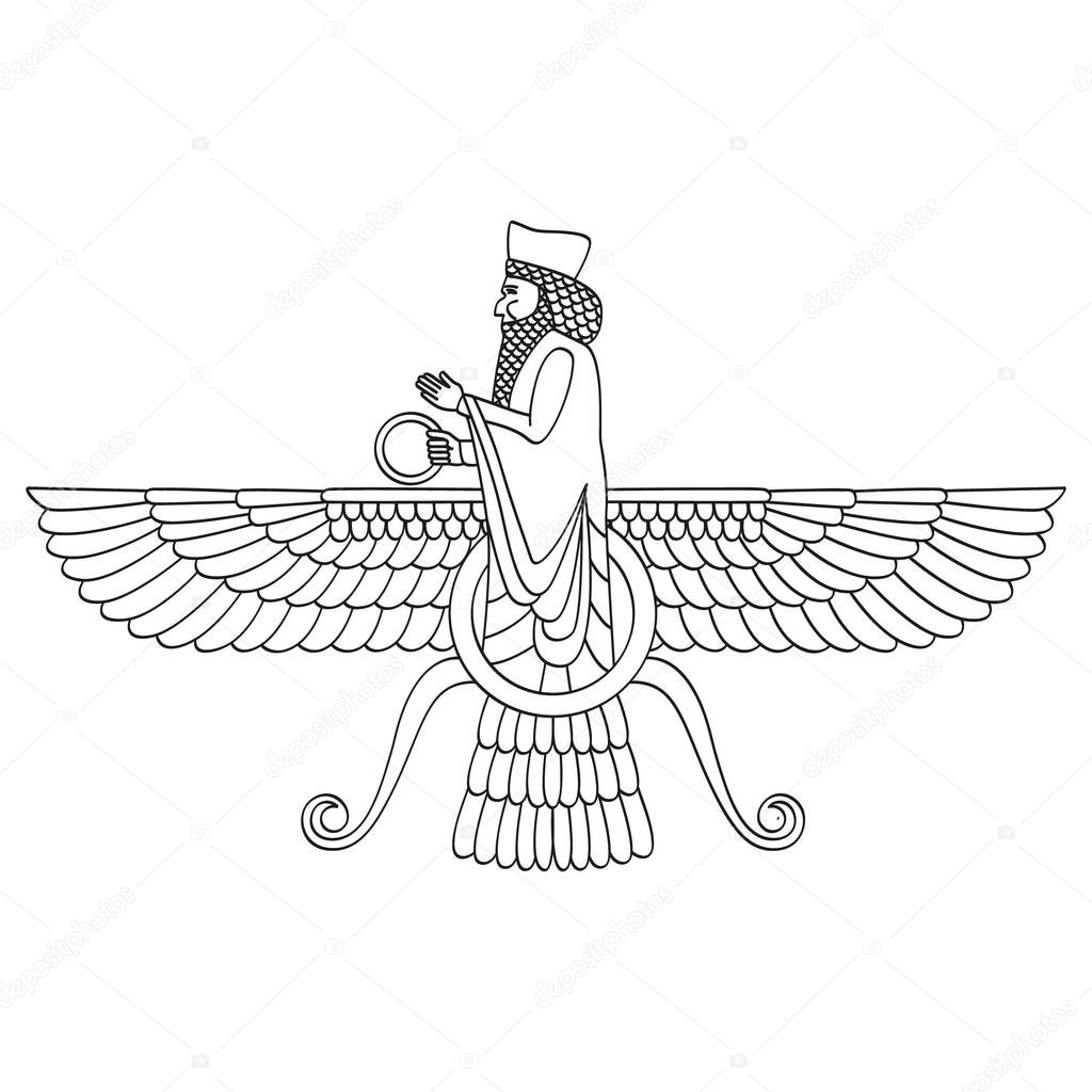 vector monochrome icon with ancient egyptian symbol Faravahar for your project