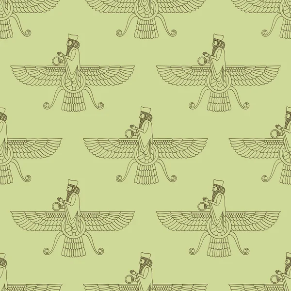 Modèle Vectoriel Sans Couture Avec Ancien Symbole Sumérien Faravahar Pour — Image vectorielle