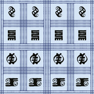 Projeniz için Afrika adinkra sembolleri içeren kusursuz vektör otantik kumaş deseni