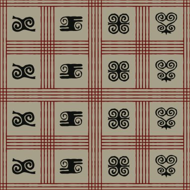 Projeniz için Afrika adinkra sembolleri içeren kusursuz vektör otantik kumaş deseni