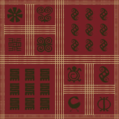 Projeniz için Afrika adinkra sembolleri içeren kusursuz vektör otantik kumaş deseni