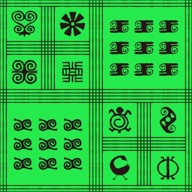Projeniz için Afrika adinkra sembolleri içeren kusursuz vektör otantik kumaş deseni
