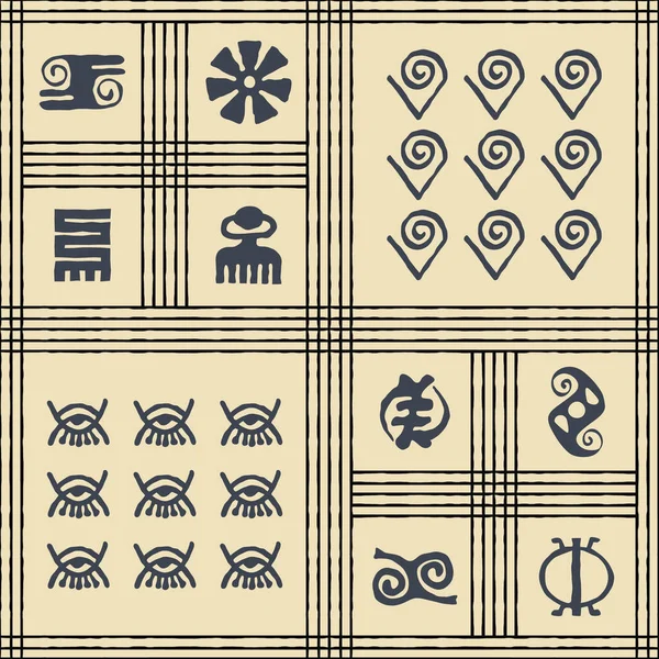 Modèle Tissu Authentique Vectoriel Sans Couture Avec Des Symboles Adinkra — Image vectorielle