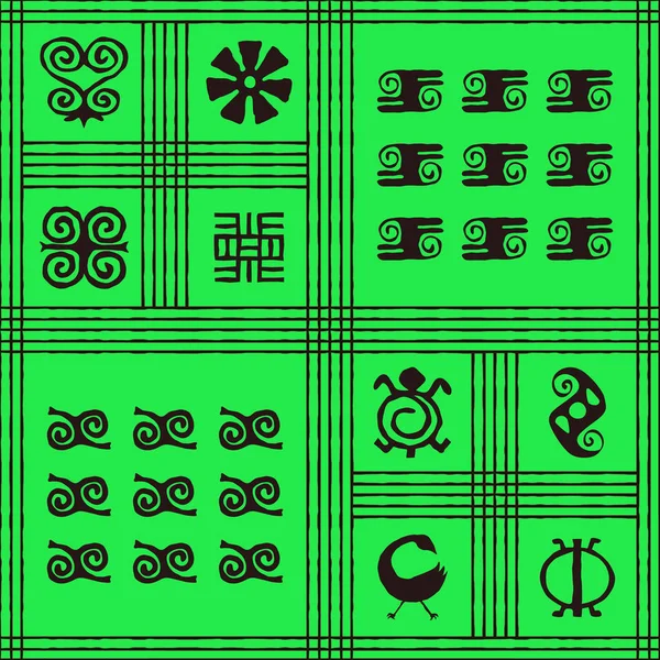 Bezszwowe Wektorowe Autentyczne Wzory Tkanin Afrykańskimi Symbolami Adinkra Dla Twojego — Wektor stockowy