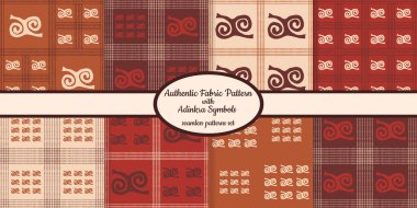 Ağ, kumaş, kağıt ve tüm baskılar için tasarlanmış Afrika adinkra sembollü kusursuz otantik kumaş desenleri koleksiyonu 