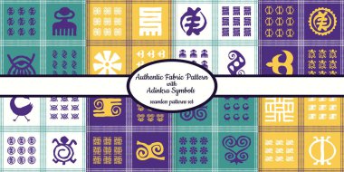 Ağ, kumaş, kağıt ve tüm baskılar için tasarlanmış Afrika adinkra sembollü kusursuz otantik kumaş desenleri koleksiyonu 