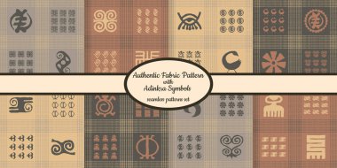 Ağ, kumaş, kağıt ve tüm baskılar için tasarlanmış Afrika adinkra sembollü kusursuz otantik kumaş desenleri koleksiyonu 