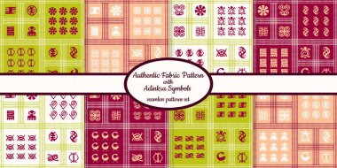 Ağ, kumaş, kağıt ve tüm baskılar için tasarlanmış Afrika adinkra sembollü kusursuz otantik kumaş desenleri koleksiyonu 