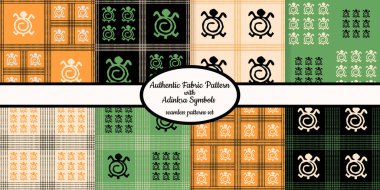 Ağ, kumaş, kağıt ve tüm baskılar için tasarlanmış Afrika adinkra sembollü kusursuz otantik kumaş desenleri koleksiyonu 