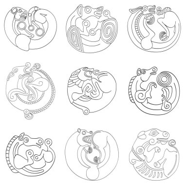 Eski Scythian sanatı ile vektör monokrom simgesi seti. Projeniz için hayvan motifli plaklar