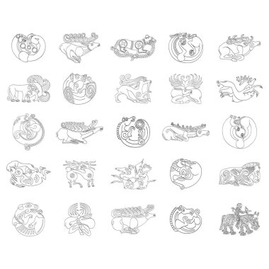 Eski Scythian sanatı ile vektör monokrom simgesi seti. Projeniz için hayvan motifli plaklar