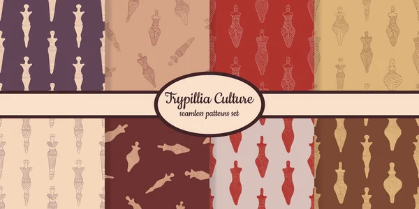 Collection Seamless Patterns Ancient Ritual Anthropomorphic Symbol Cucuteni Trypillia Designed — Vector de stock