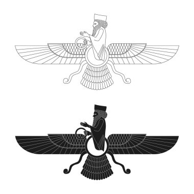 Projeniz için Faravahar antik sümerce sembollü tek renkli vektör simgesi
