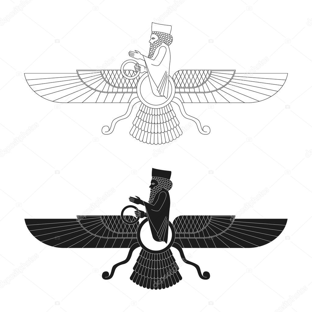 vector monochrome icon with ancient  sumerian symbol Faravahar for your project