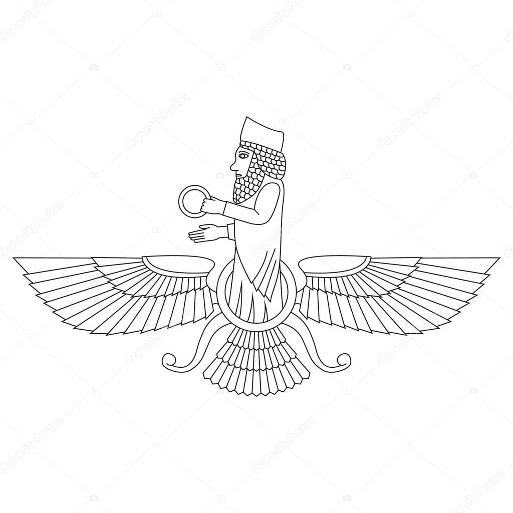 vector monochrome icon with ancient  sumerian symbol Faravahar for your project