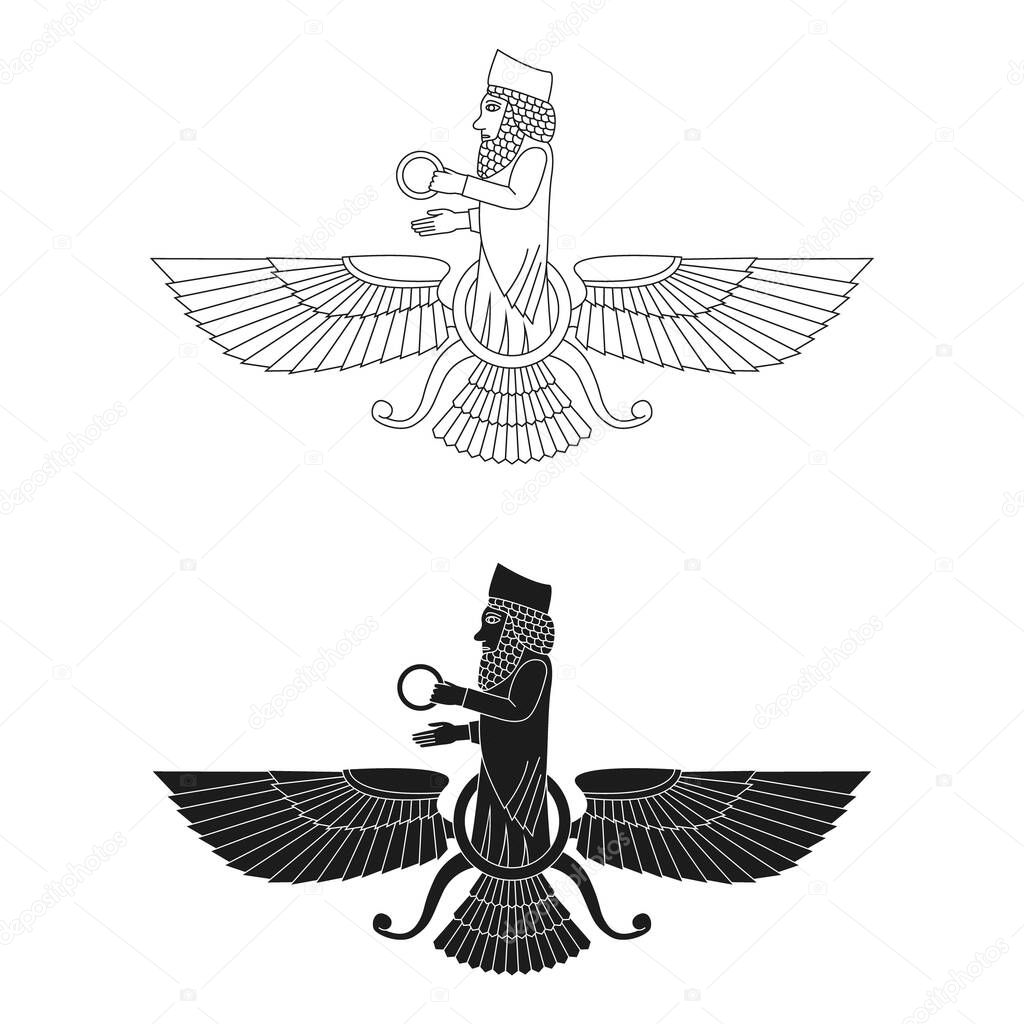 vector monochrome icon with ancient  sumerian symbol Faravahar for your project