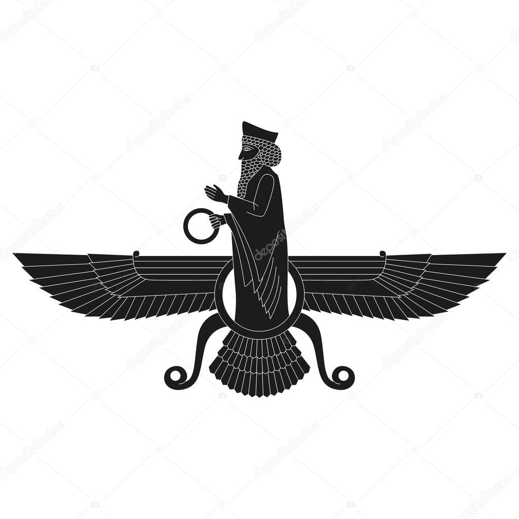 vector monochrome icon with ancient  sumerian symbol Faravahar for your project