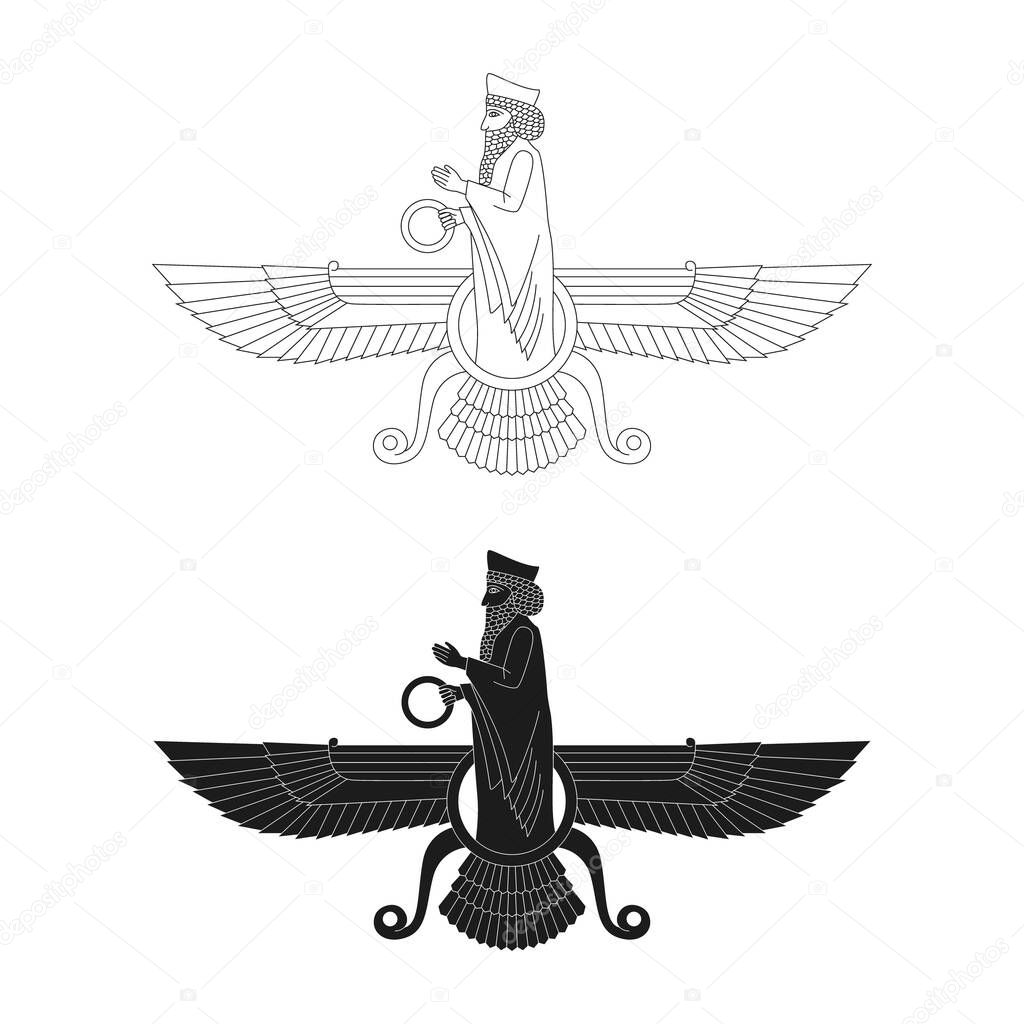 vector monochrome icon with ancient  sumerian symbol Faravahar for your project