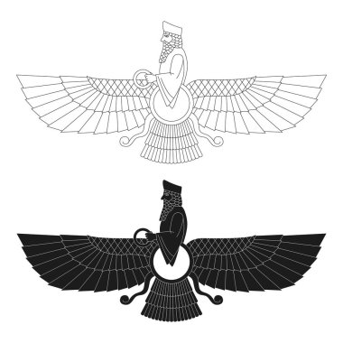 Projeniz için Faravahar antik sümerce sembollü tek renkli vektör simgesi