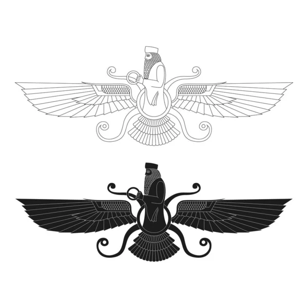 Vector Monochrome Icon Set Ancient Sumerian Symbol Faravahar Your Project — Stock Vector