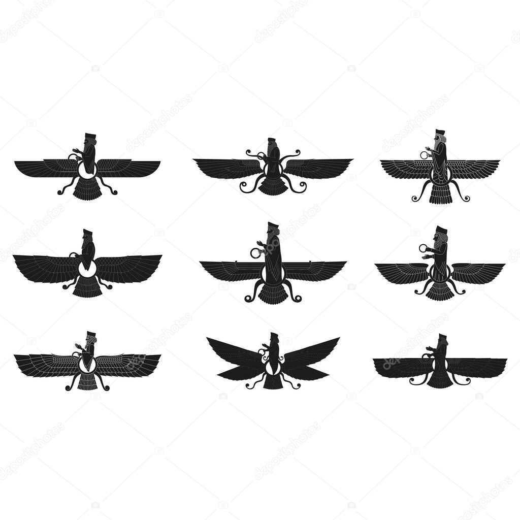 vector monochrome icon set with ancient  sumerian symbol Faravahar for your project