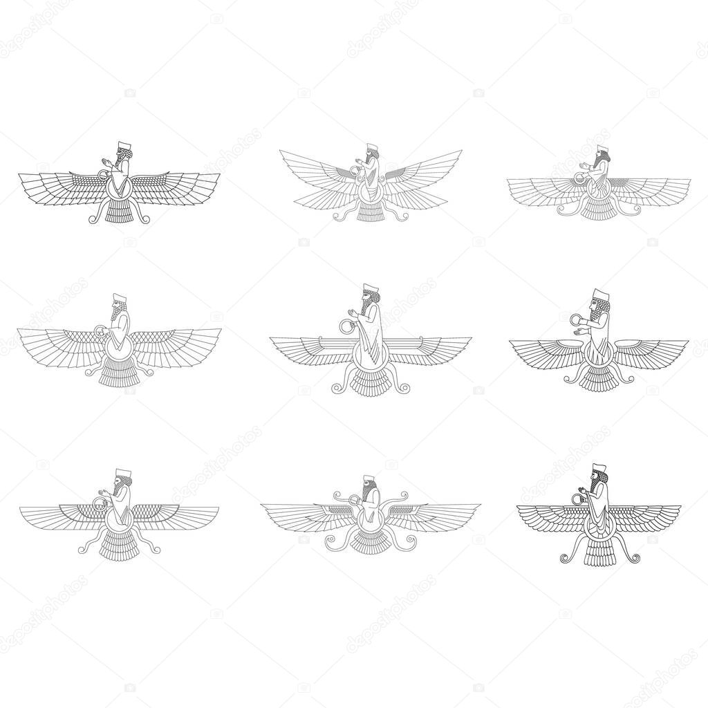 vector monochrome icon set with ancient  sumerian symbol Faravahar for your project