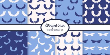 Eski Mısır sembolü kanatlı güneşin ağ, kumaş, kağıt ve tüm izler için dizayn edildiği kusursuz desenler koleksiyonu 