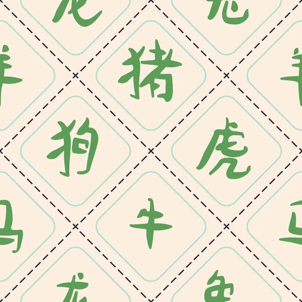 Fondo sin fisuras con jeroglíficos que significan signos del zodíaco chino — Vector de stock