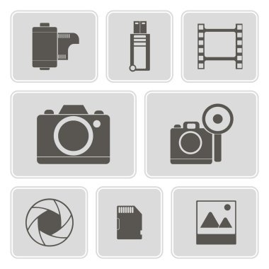 Tasarımınız için fotoğraf temalı tek renkli simgeler kümesi