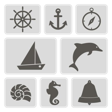 Tasarımınız için deniz eğlence sembolleri bulunan tek renkli simgeler ayarla