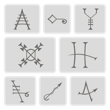 Set of monochrome icons with Medieval Alchemical Signs of Grimoire Magic Book for your design clipart
