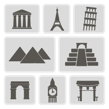 Dünya tasarımınız için mimari anıtları ile tek renkli Icons set