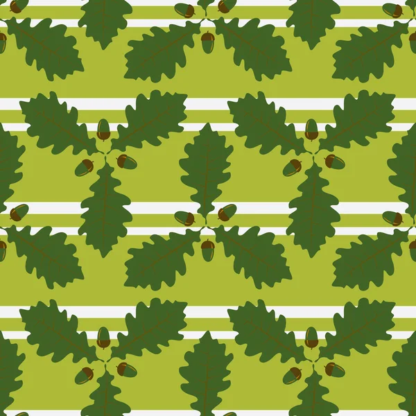 Motif sans couture avec feuilles de chêne et glands sur fond rayé — Image vectorielle