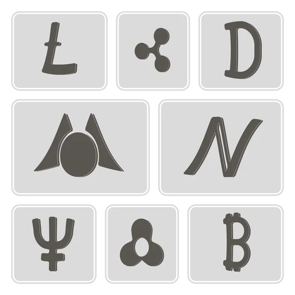 Набір монохромних піктограм з різними символами криптовалюти та традиційними символами валюти для вашого дизайну — стоковий вектор
