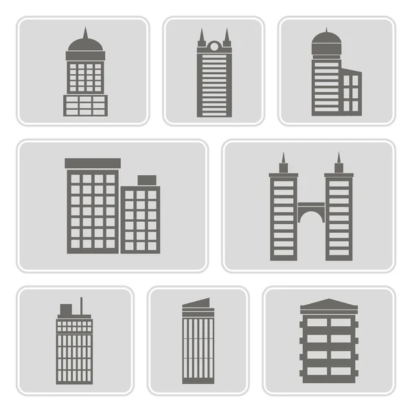 Conjunto de iconos monocromáticos con varios edificios de la ciudad para su diseño — Vector de stock