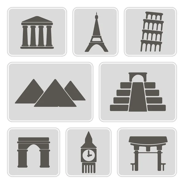 Ensemble d'icônes monochromes avec monuments architecturaux du monde pour votre design — Image vectorielle