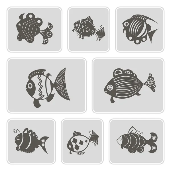 Ensemble d'icônes monochromes avec différents poissons pour votre conception — Image vectorielle