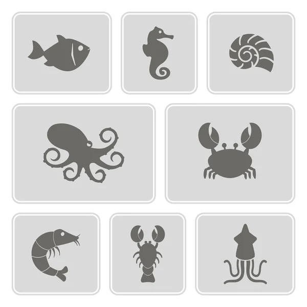 Conjunto de iconos monocromáticos con alimentos de mar y productos para su diseño — Vector de stock