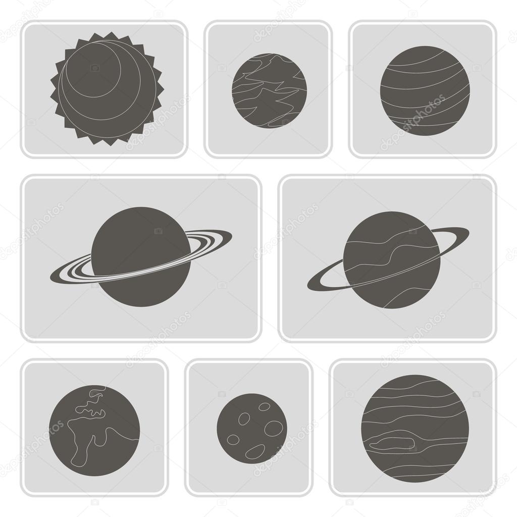 Set of monochrome icons with planets of the solar system for your design