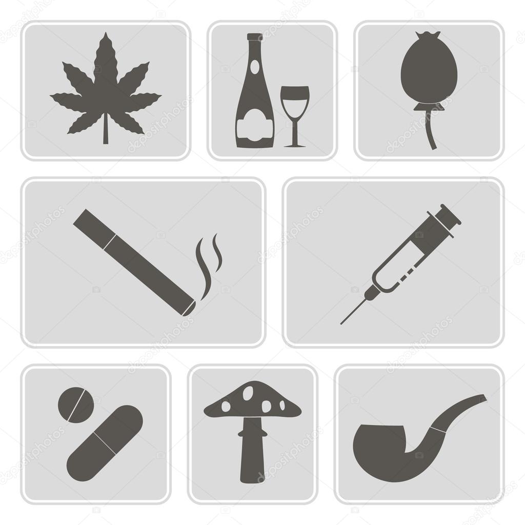 Set of monochrome icons with symbols of drug addiction for your design