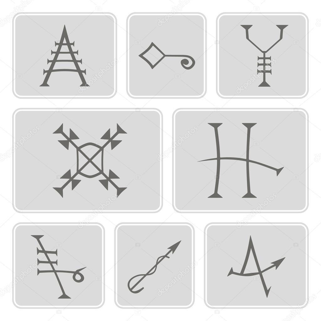 Set of monochrome icons with Medieval Alchemical Signs of Grimoire Magic Book for your design