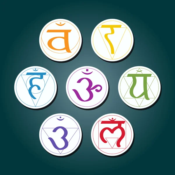 Conjunto de ícones de cores com nomes de chakras em sânscrito (Chakra Raiz, Chakra Sacral, Chakra Plexo Solar, Chakra Coração, Chakra Garganta, Chakra Terceiro Olho, Chakra Coroa ) — Vetor de Stock