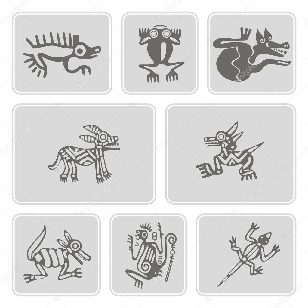 Set of monochrome icons with American Indians relics dingbats characters (part 7)